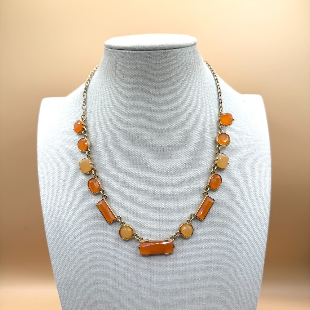 Liz Claiborne Orange Faceted Geometric Station Necklace Gold Tone Statement